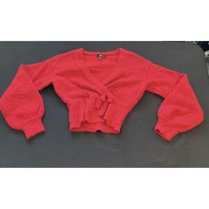 MM by My Michelle Sweater Womens Small Red Faux Wrap Front Cardigan Knit Cropped